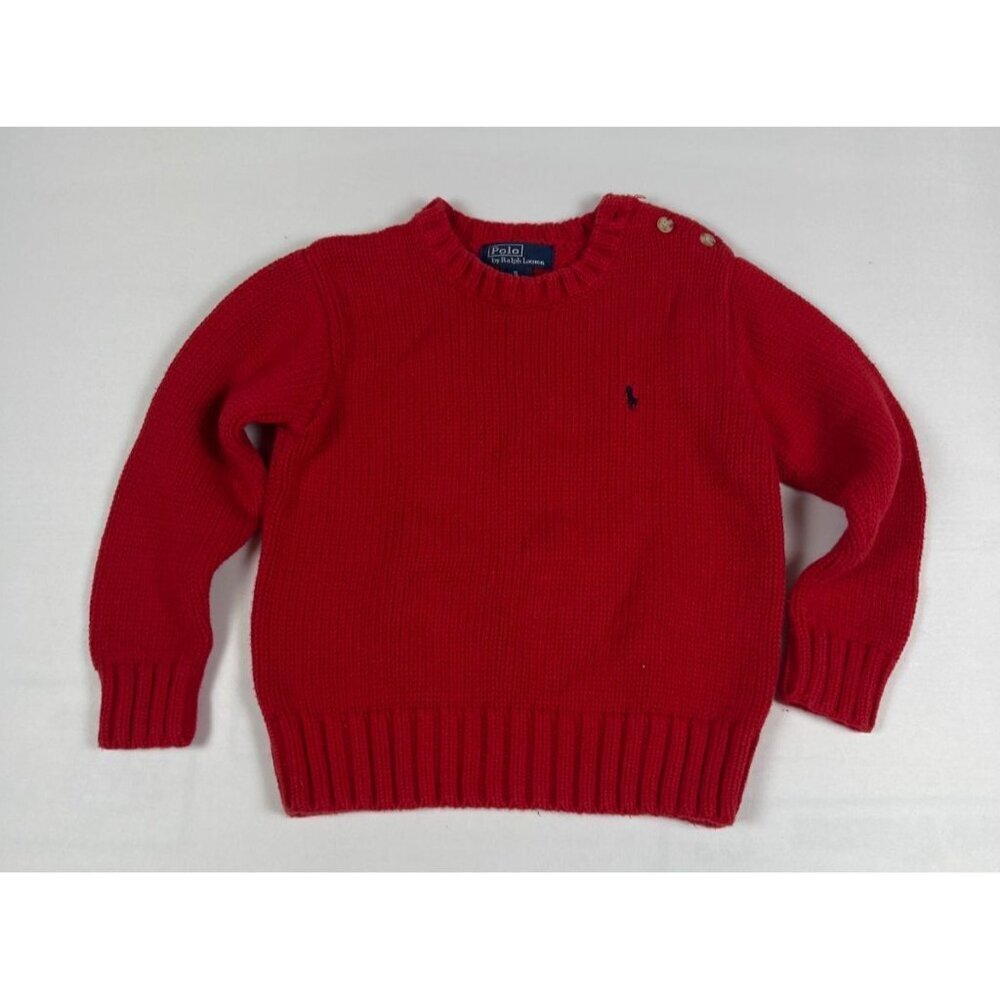 Vtg Polo Ralph Lauren Boy's Size 5T Red 100% Cotton Knit Button Shoulder Sweater